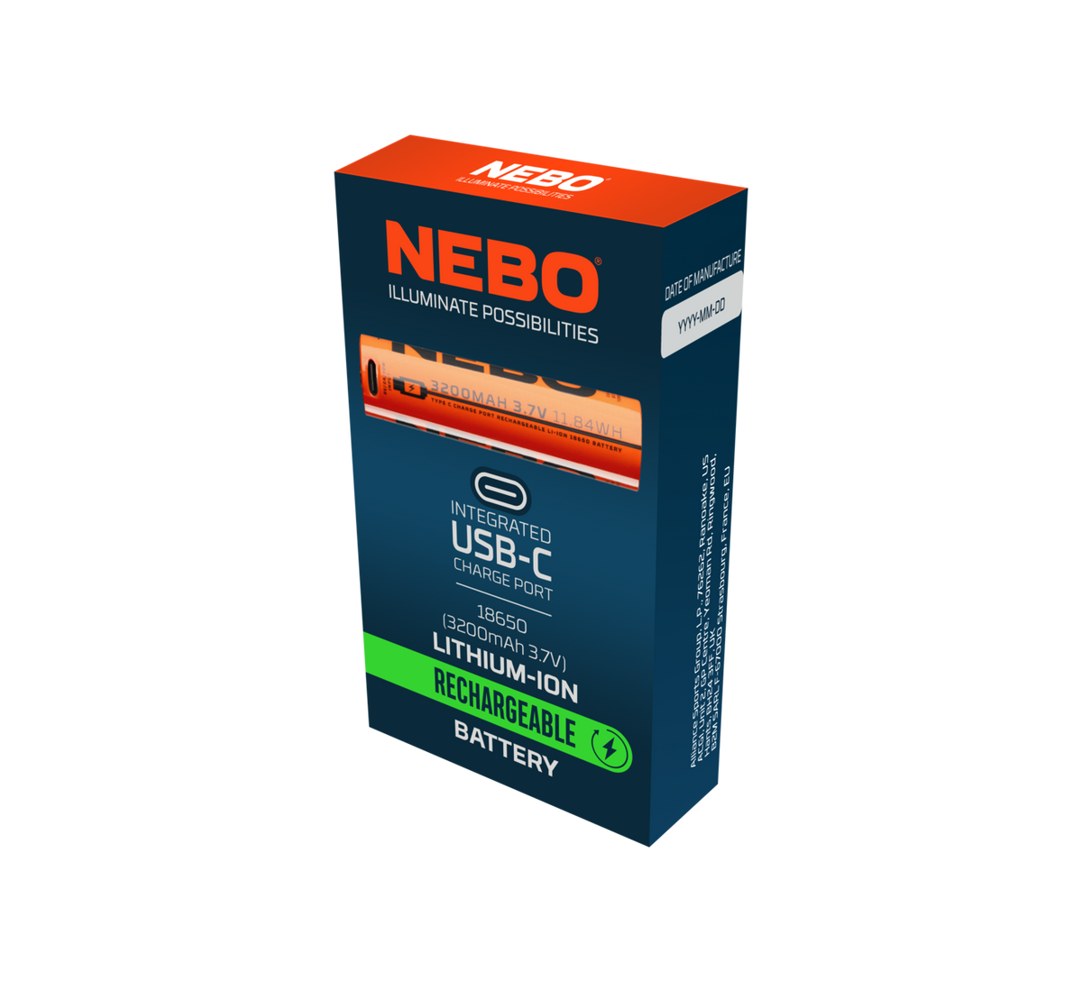 Nebo 18650 USB-C ladattava akku - Slyde King 2K, Big Larry Pro, Luxtreme SL25