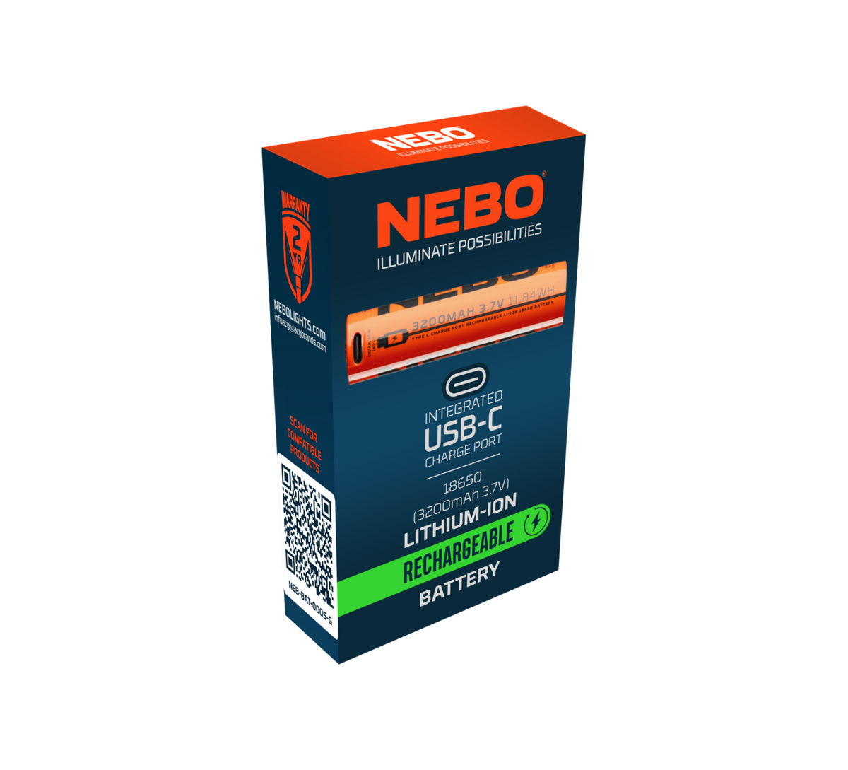 Nebo 18650 USB-C ladattava akku - Slyde King 2K, Big Larry Pro, Luxtreme SL25